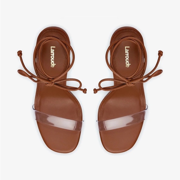 Larroude Gloria Sandal In Caramel Leather and Vinyl Ankle Wrap Clear Heel 7 - Picture 3 of 16